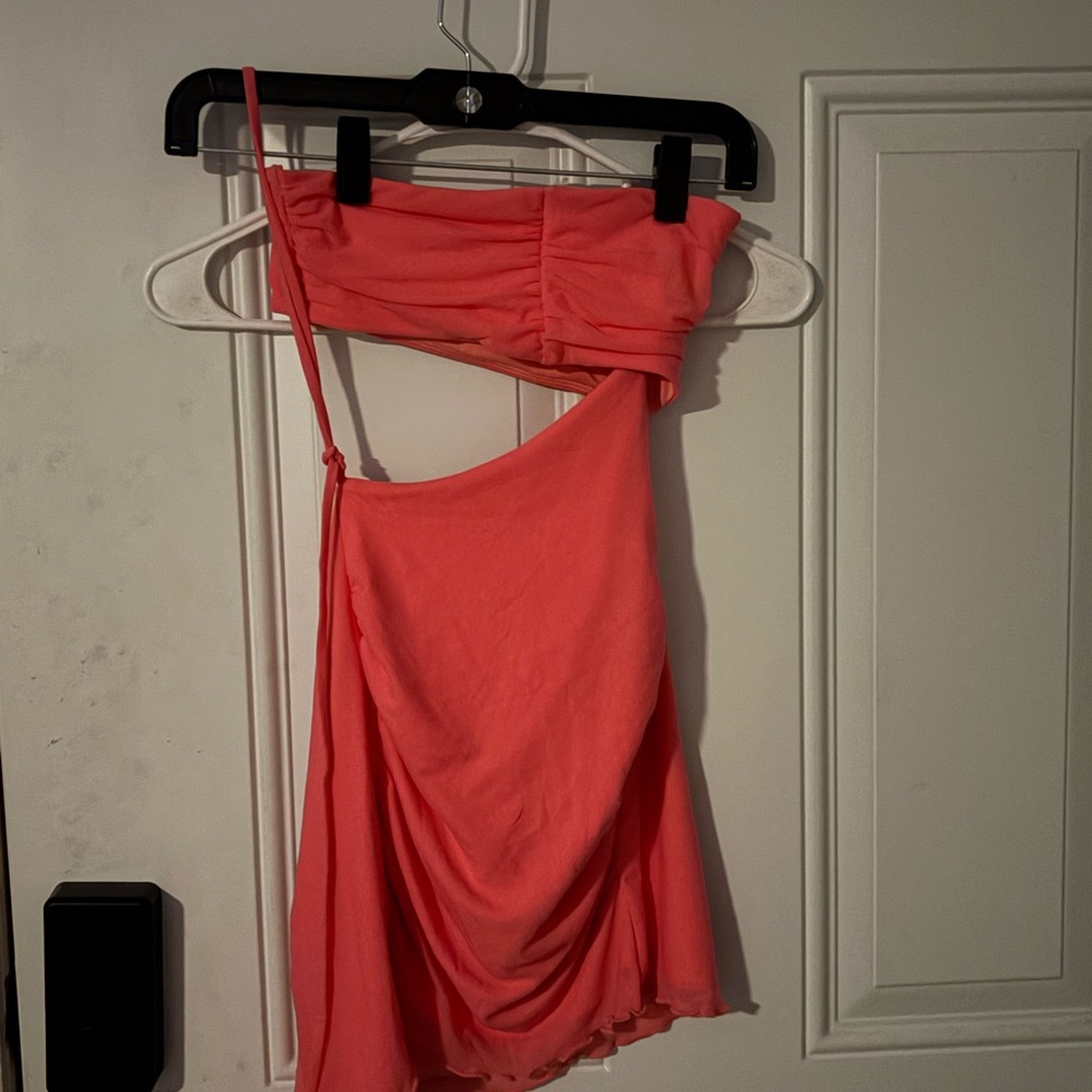 Oh Polly Vibrant Coral Strapless Dress
